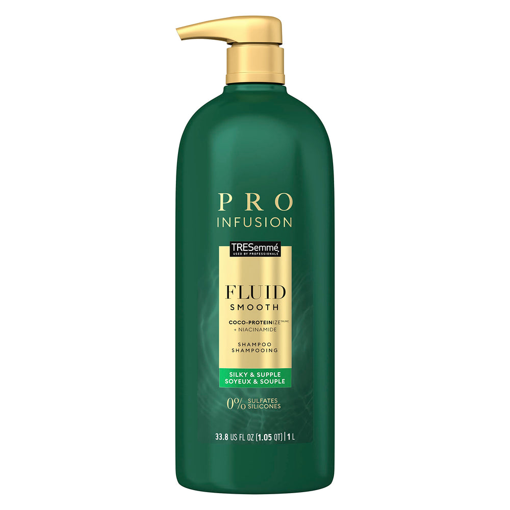 TRESemmé Pro Infusion Fluid Smooth Shampoo bottle front shows high-shine promise for silky hair