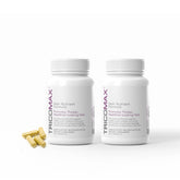 Tricomax Hair Growth bottle front view suggests a vegan supplement for healthier-looking hair