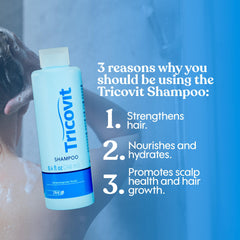 Tricovit hair lotion serum bottle highlights application for healthy hair shaft.
