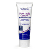 TriDerma psoriasis control face and body cream bottle demonstrates soothing, non-greasy relief.