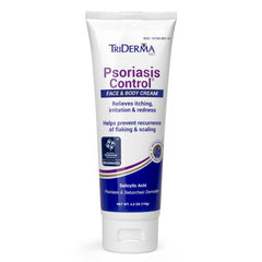 TriDerma psoriasis control face and body cream bottle demonstrates soothing, non-greasy relief.