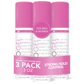 TRIDESIGN Aerogel Hairspray bottle close-up showing strong, flexible hold for all-day styling.