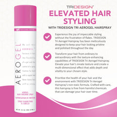 TRI Design Aerogel Hairspray bottle close-up highlights lightweight, non-sticky formula.