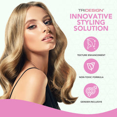 TRI Design Aerogel Hairspray on curly hair showing strong hold with natural shine.