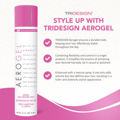 TRI Design Aerogel Hairspray strong hold keeps hair in place without stiffness.