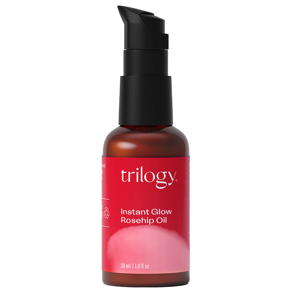 Trilogy Instant Glow Rosehip Oil bottle close-up for radiant skin glow