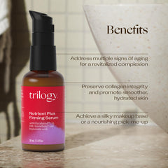 Trilogy Nutrient Plus Serum close-up shows even, radiant complexion.