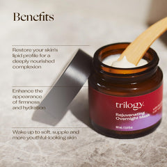 Trilogy overnight mask applied on face during a bedtime ritual.