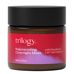 Trilogy overnight mask packaging, premium nightly skincare presentation.