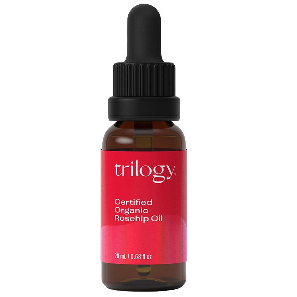 Trilogy rosehip oil bottle shown for pure organic skincare nourishment