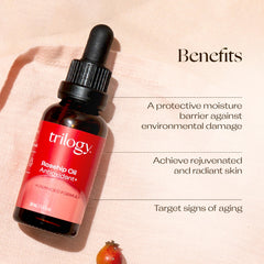 Trilogy Rosehip Oil hydration on face and neck with silky texture