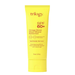 Trilogy SPF60 Omega-Boost sunscreen bottle delivering broad spectrum protection for daily wear.