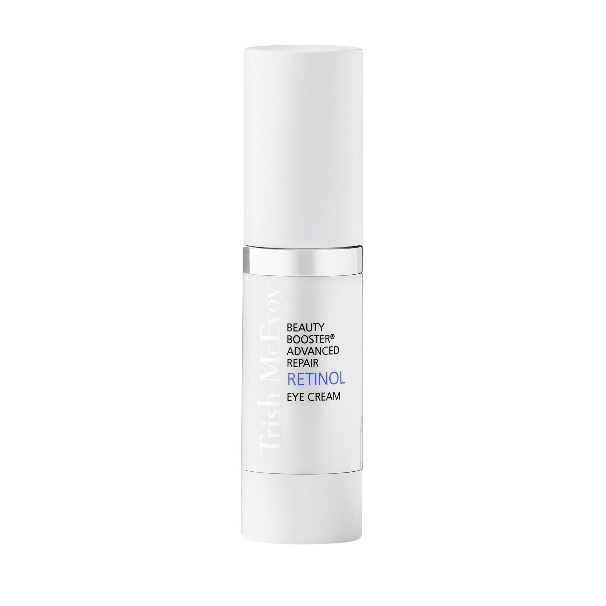 Trish McEvoy Beauty Booster Retinol Eye Cream jar ready for nightly use, targeting smooth under-eye appearance.