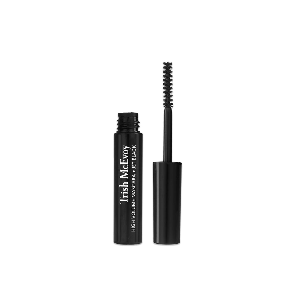 Trish McEvoy Travel Size Mascara jet black bottle close-up shows water-resistant 360-degree lash coating.