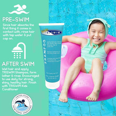 Close-up of TRISWIM Kids Shampoo label highlighting chlorine removal benefits.