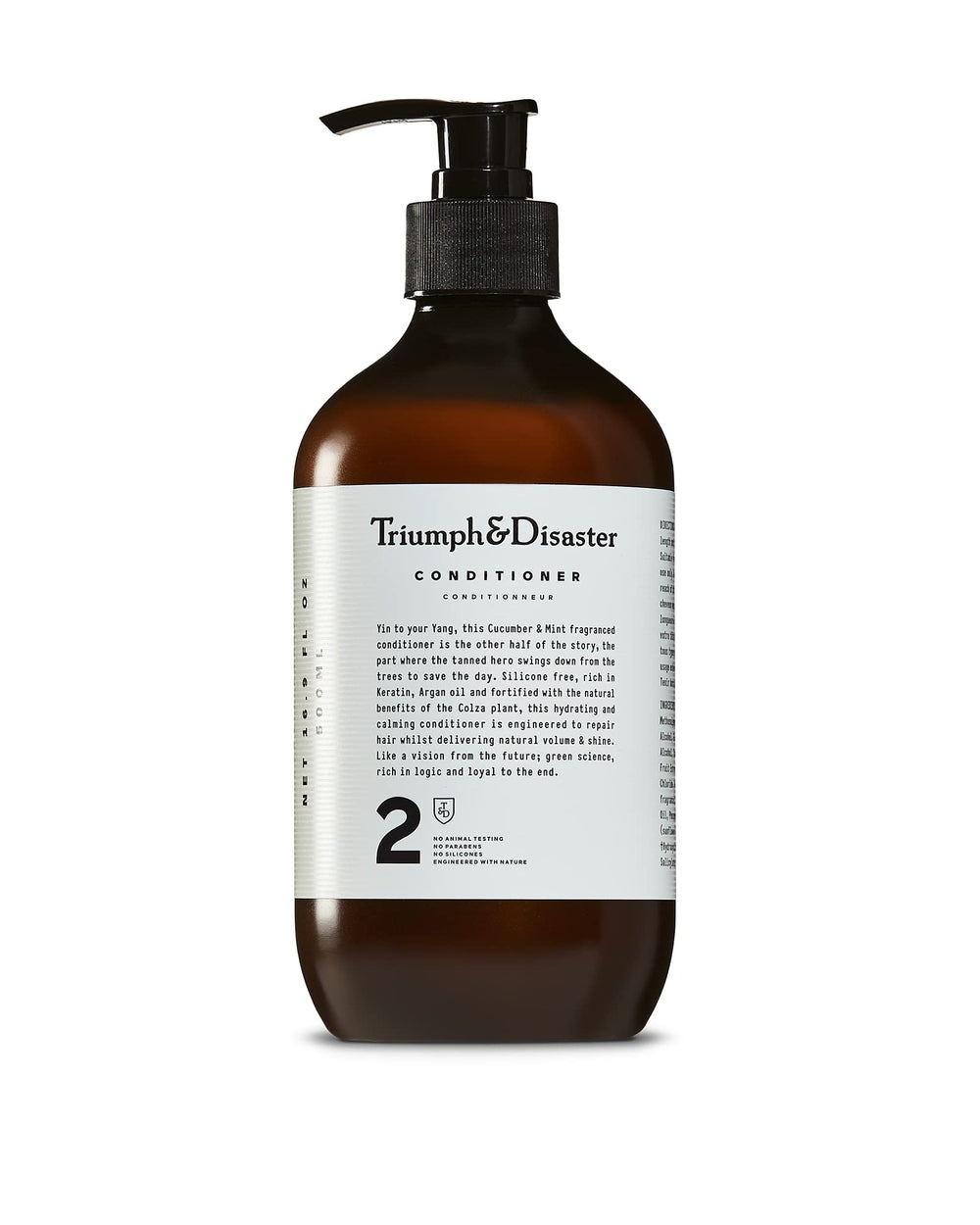 TRIUMPH & DISASTER conditioner bottle highlights keratin hydration for dry, damaged hair.
