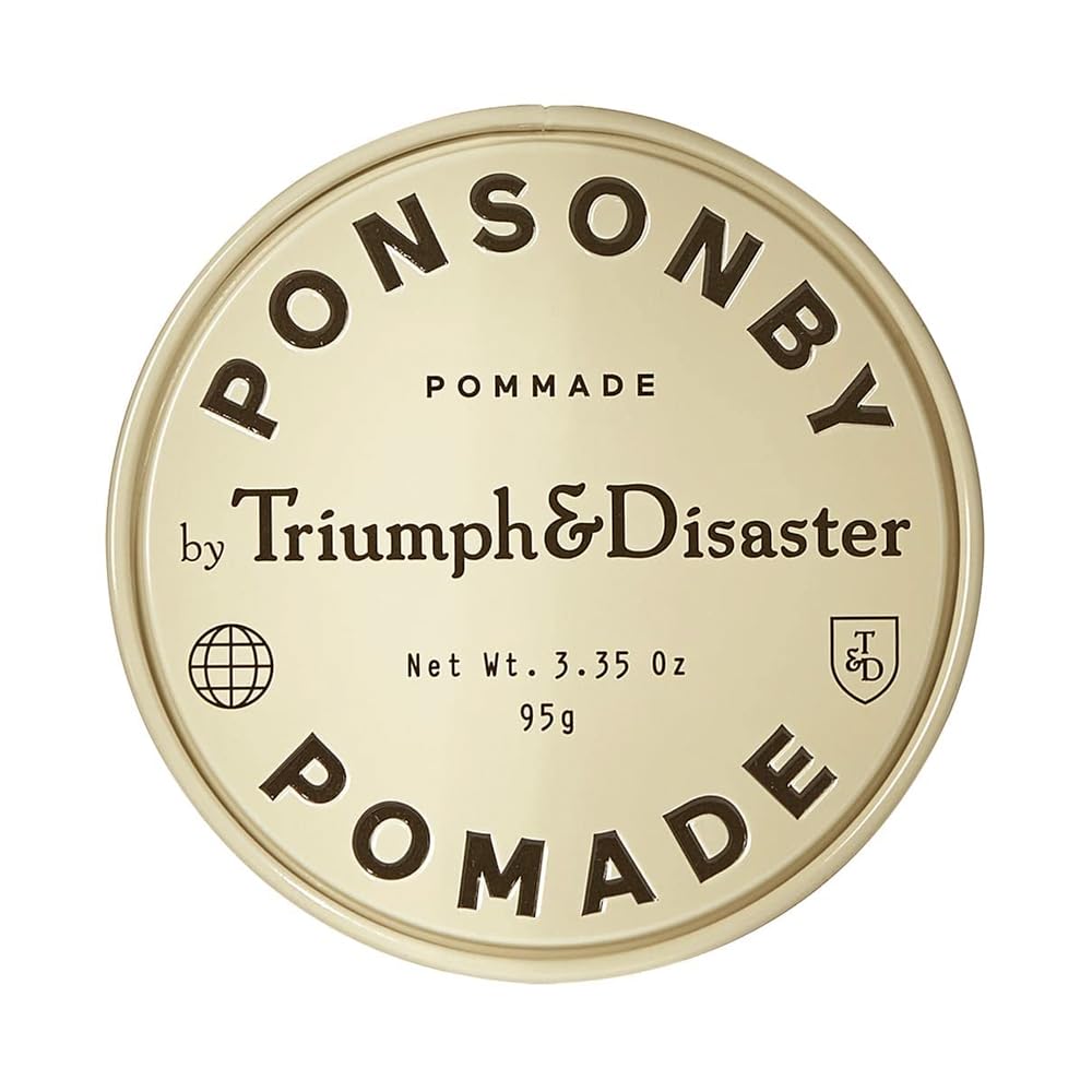 TRIUMPH & DISASTER Ponsonby Pomade bottle close-up showing natural shine and easy rinse.