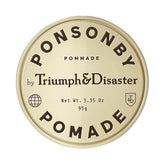 TRIUMPH & DISASTER Ponsonby Pomade bottle close-up showing natural shine and easy rinse.