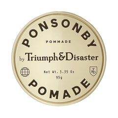 TRIUMPH & DISASTER Ponsonby Pomade bottle close-up showing natural shine and easy rinse.