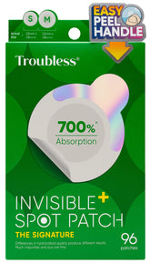 Troubless invisible pimple patch on packaging offers discreet daytime coverage.