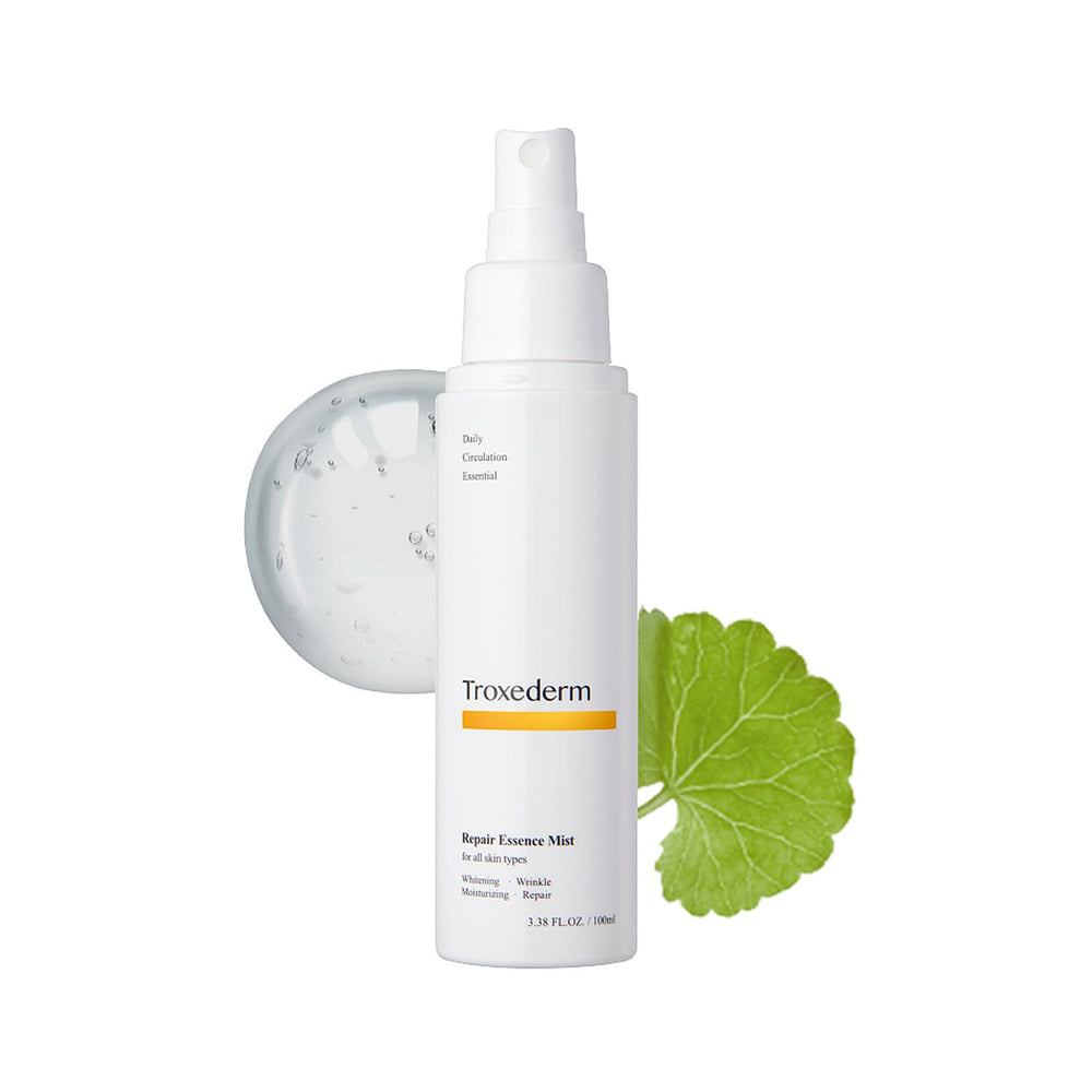 Troxederm Repair Essence Toner Mist bottle delivering hydrating spray for daily use.