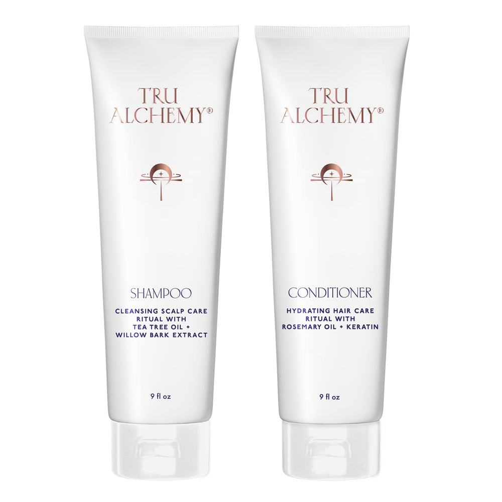 Tru Alchemy Shampoo bottle close-up shows premium packaging and soothing cleansing action.