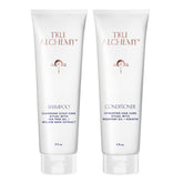 Tru Alchemy Shampoo bottle close-up shows premium packaging and soothing cleansing action.