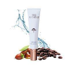 Tru Alchemy Eye Elixir bottle pour illustrates a cooling treatment for refreshed eyes.