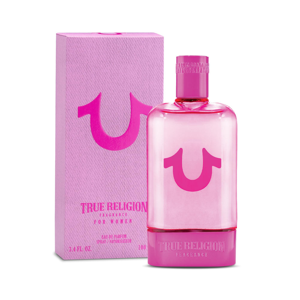 True Religion fragrance bottle gleams pink, evoking confident femininity for daily wear