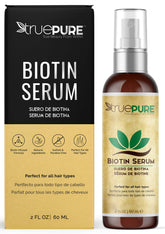 TruePure Biotin Hair Growth Serum bottle front for all hair types, fragrance-free.