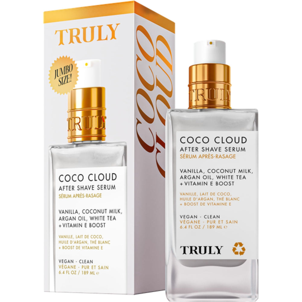 Truly Coco Cloud After Shave Serum bottle on a clean surface, promoting cooling after shaving.