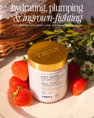 Truly Soft Serve label close-up highlights hyaluronic acid benefits