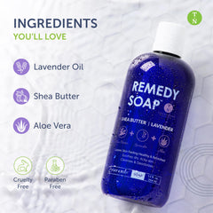 Truremedy Naturals Lavender Shea Butter Body Wash lather close-up shows gentle cleansing.