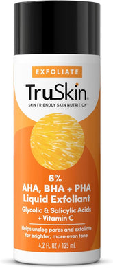 TruSkin BHA Liquid Exfoliant bottle demonstrates gentle exfoliation for smoother skin.