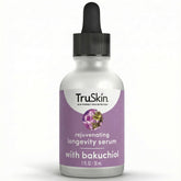 TruSkin Longevity Bakuchiol Serum bottle on vanity for gentle daily anti-aging care
