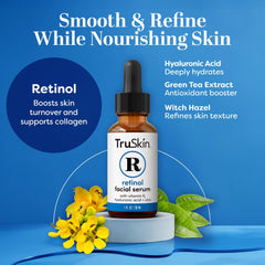 TruSkin Retinol Serum highlighting hyaluronic acid for hydration and smoother skin.
