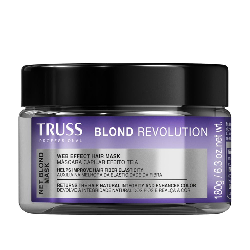 TRUSS Blond Revolution Net Blond Hair Mask bottle pour shows color-enhancing action for luminous blonde hair
