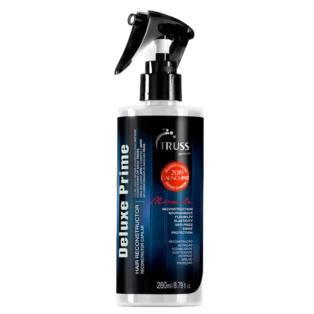 TRUSS Deluxe Prime bottle pour enables even spray coverage for heat protection.