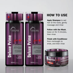 TRUSS Deluxe Prime + Mask applied on hair shows even distribution and smooth texture.