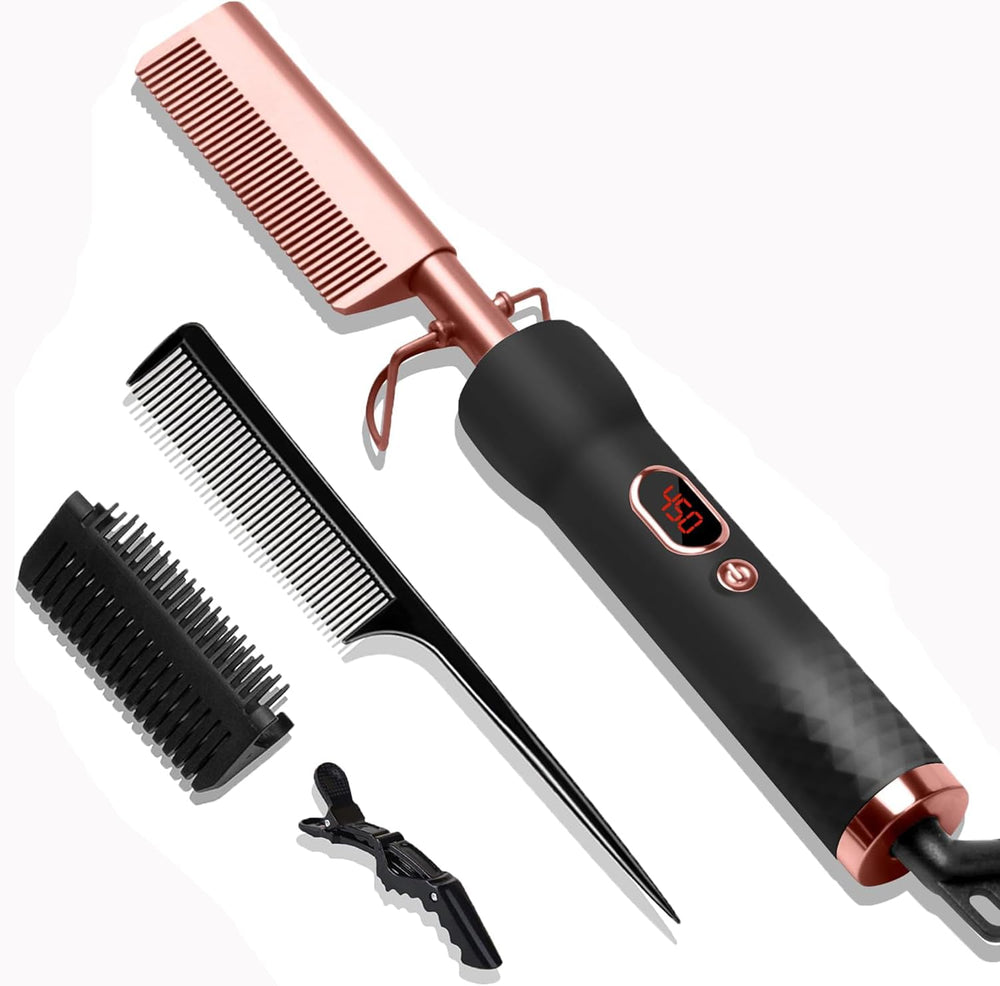 Trylater hot comb front view highlights a compact travel-ready design for on-the-go styling.