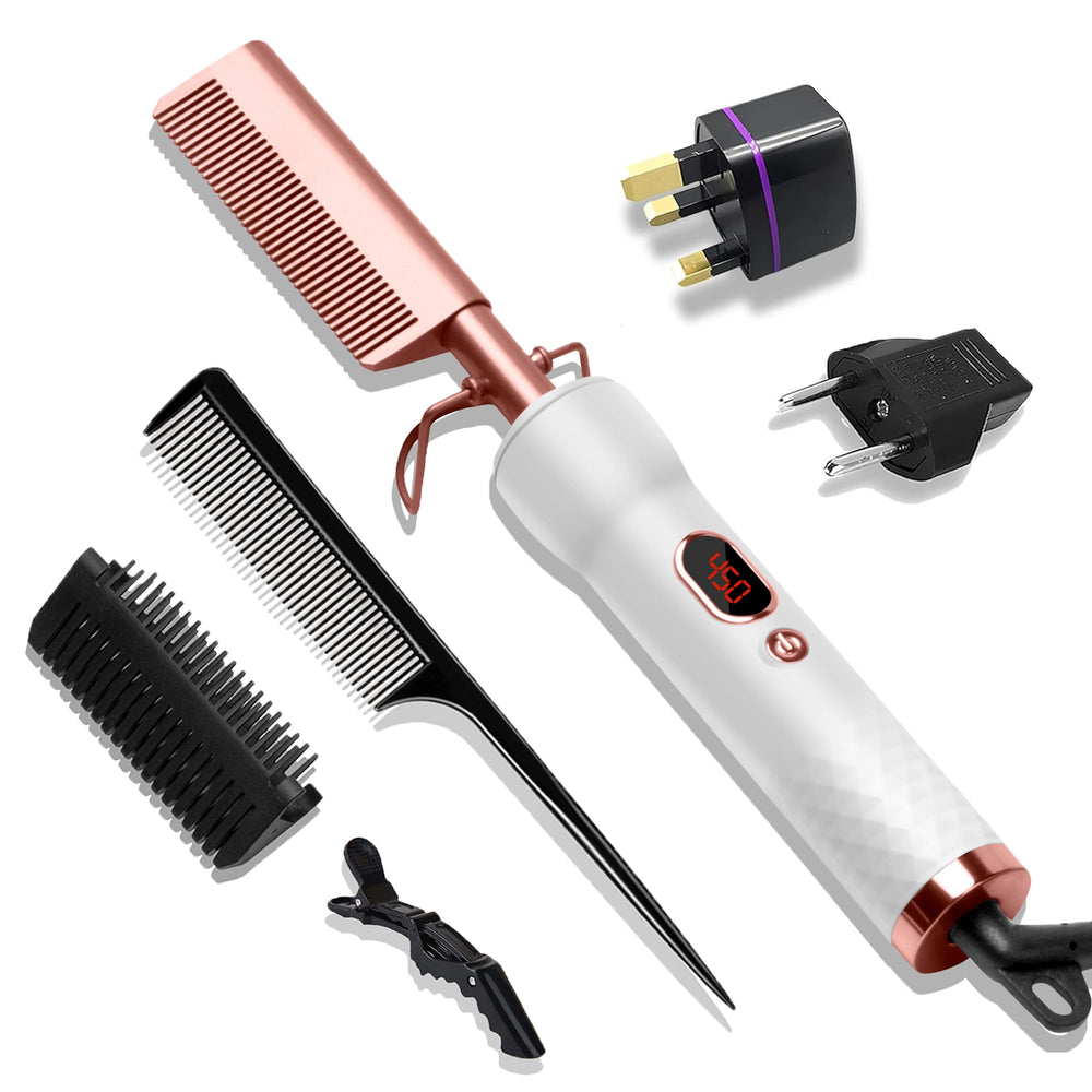 Trylater hot comb for wigs with compact handle for comfortable styling.