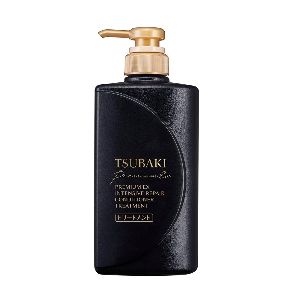 TSUBAKI Premium EX conditioner pump bottle shown for easy dispensing and deep conditioning