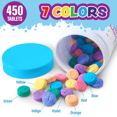Tub Works Bath Color Fizzies tablets closeup shows multi-color tablets ready to fizz.