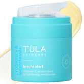 TULA Bright Start jar close-up shows a light gel-cream texture for hydration