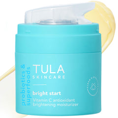 TULA Bright Start jar close-up shows a light gel-cream texture for hydration