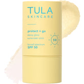 TULA Protect + Glow sunscreen stick bottle showing travel-friendly protection and dewy finish