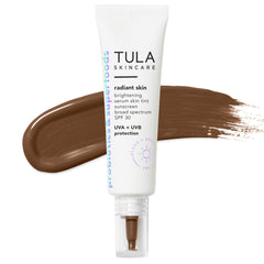 TULA Radiant Skin Serum SPF bottle shows portable, everyday sun protection in a lightweight tint.