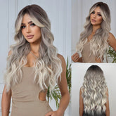 Tumhorn 26-inch ombre grey wavy wig with black root; long, natural-looking style.
