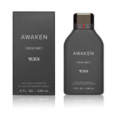 TUMI Awaken shower gel bottle with pour detail, energizing start to your day.