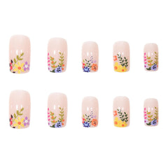 TUZANDW nude square nails short with flower design for everyday wear.